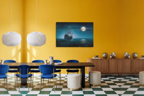 Battleship Under Moonlight Canvas Print - on the wall in a room interior