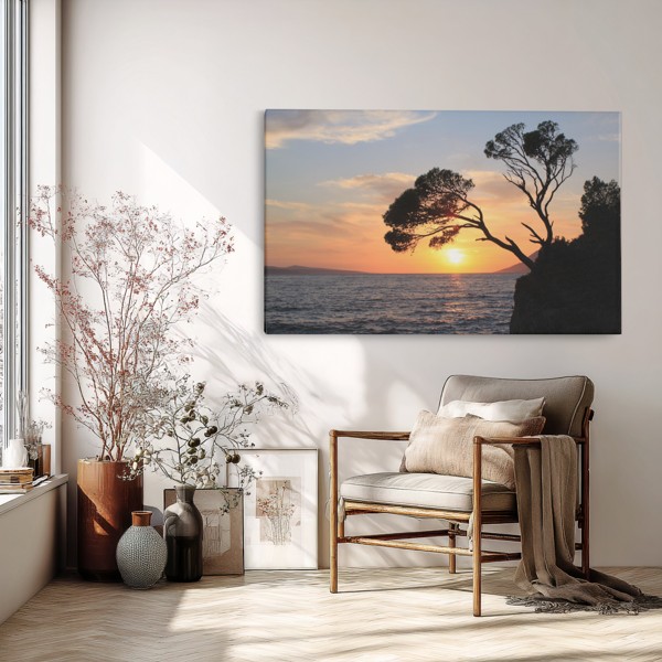 Lonely Sunset Over Calm Water Canvas Print - on the wall in a room interior