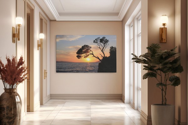 Lonely Sunset Over Calm Water Canvas Print - on the wall in a room interior