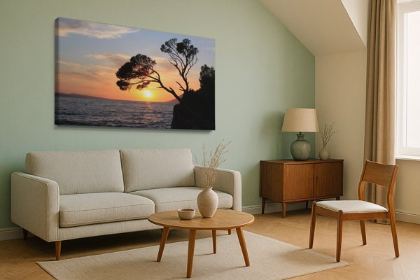 Lonely Sunset Over Calm Water Canvas Print - on the wall in a room interior