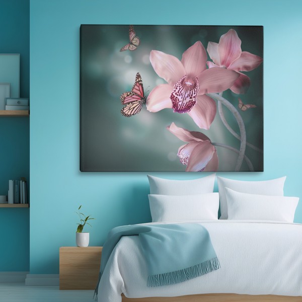 Orchidee und Schmetterling Leinwanddruck - an der Wand in einem Raum