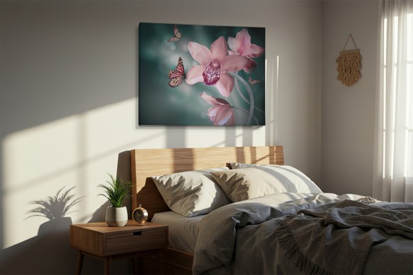 Orchidee und Schmetterling Leinwanddruck - an der Wand in einem Raum
