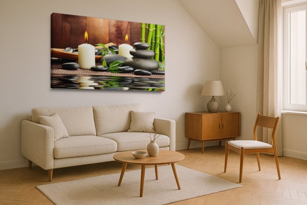 Zen Stones and Water Reflection Canvas Print - on the wall in a room interior