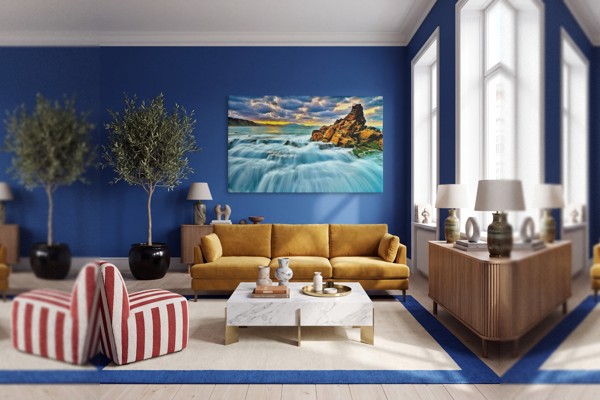 Waterval Over Mosachtig Rots Canvas Print - aan de muur in een interieur
