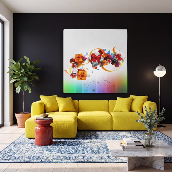 Colorful Gift Boxes Collage Canvas Print - on the wall in a room interior
