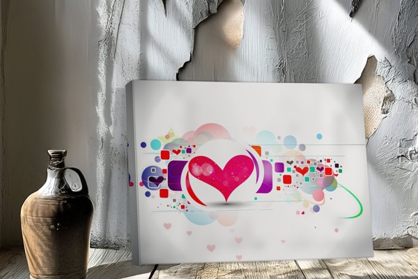 Abstraktný koláž srdca na plátne - na stene v interiéri