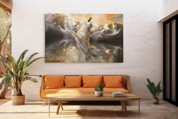 Tablou Canvas Lup Urlând la Munte Iluminat de Lună - pe perete într-un interior