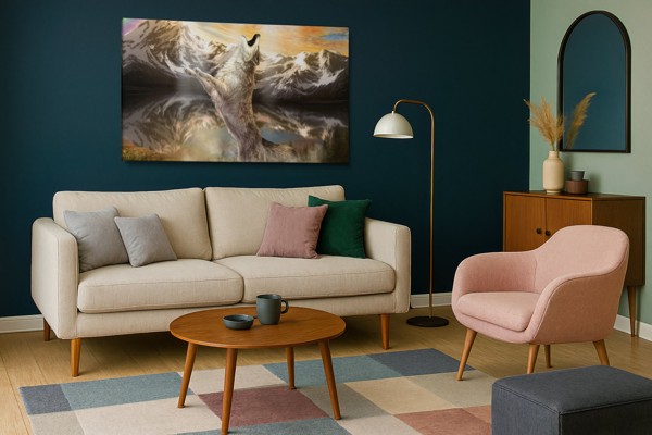 Tablou Canvas Lup Urlând la Munte Iluminat de Lună - pe perete într-un interior