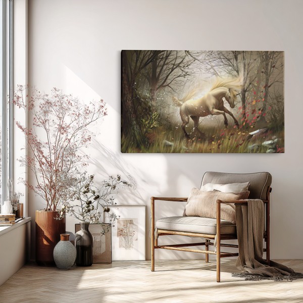 Tablou Canvas Unicorn în Pădure Mlăștioasă - pe perete într-un interior