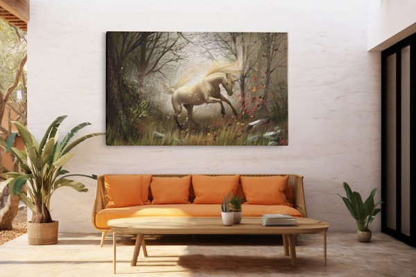 Tablou Canvas Unicorn în Pădure Mlăștioasă - pe perete într-un interior