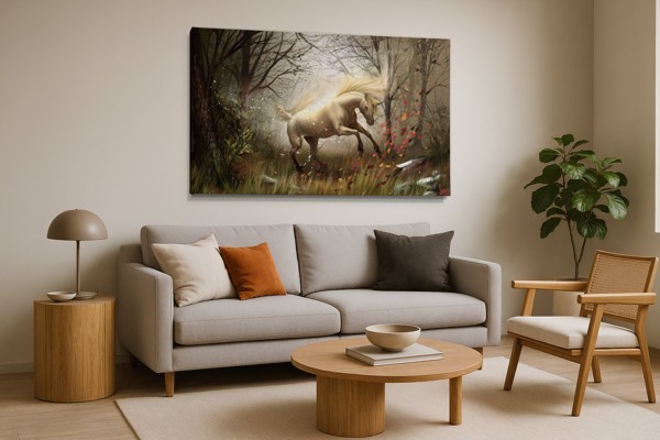 Tablou Canvas Unicorn în Pădure Mlăștioasă - pe perete într-un interior