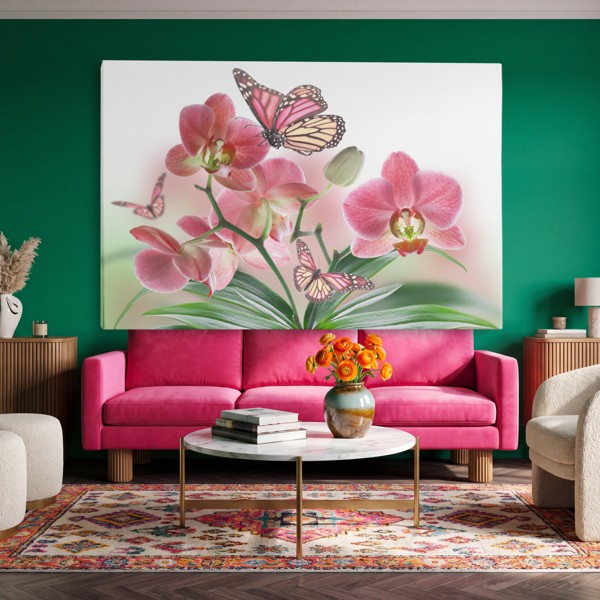 Orchid and Butterfly Bouquet Canvas Print - on the wall in a room interior