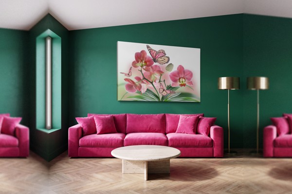 Orchid and Butterfly Bouquet Canvas Print - on the wall in a room interior