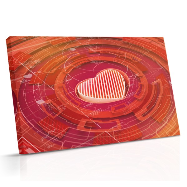 Un corazón abstracto representado con engranajes mecánicos, formas circulares y elementos geométricos en tonos cálidos de rojo, oro y bronce