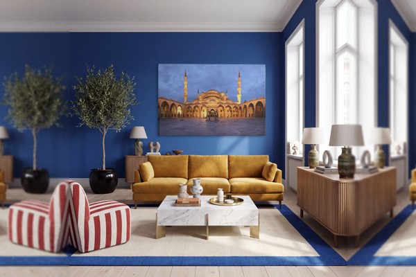 Blaue Moschee bei Einbruch der Dunkelheit Leinwanddruck - an der Wand in einem Raum