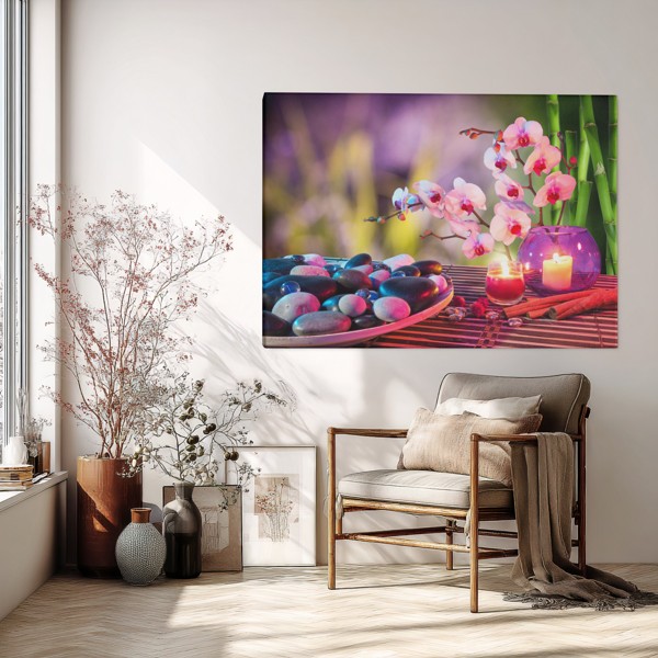 Zen Orkidea ja Kivet Canvas-Tulostus - seinällä huoneessa