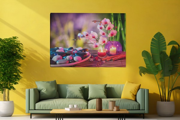 Zen Orkidea ja Kivet Canvas-Tulostus - seinällä huoneessa
