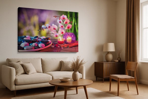Zen Orkidea ja Kivet Canvas-Tulostus - seinällä huoneessa