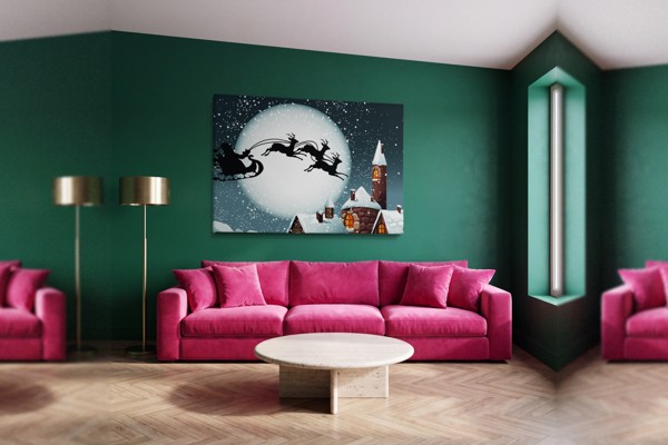 Quadro em Tela Casa Coberta de Neve à Noite - na parede num interior