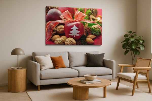 Christmas Apple with Nuts and Spices Canvas Print - on the wall in a room interior