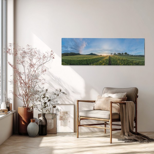 Green Fields at Sunrise Canvas Print - on the wall in a room interior