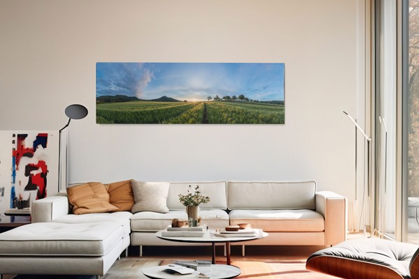 Green Fields at Sunrise Canvas Print - on the wall in a room interior