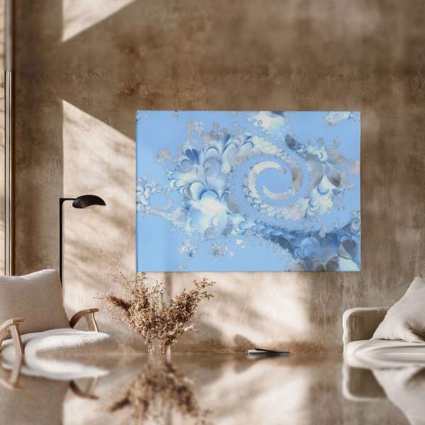 Blue Leaf Spiral Abstraction Canvas Print - on the wall in a room interior