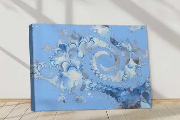 Blue Leaf Spiral Abstraction Canvas Print - on the wall in a room interior