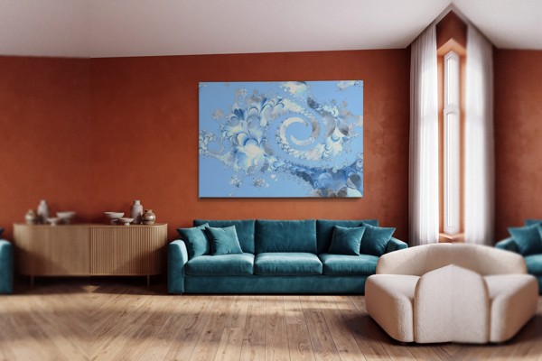 Blue Leaf Spiral Abstraction Canvas Print - on the wall in a room interior