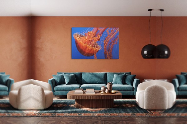 Taucher und Qualle Unterwasser-Leinwanddruck - an der Wand in einem Raum