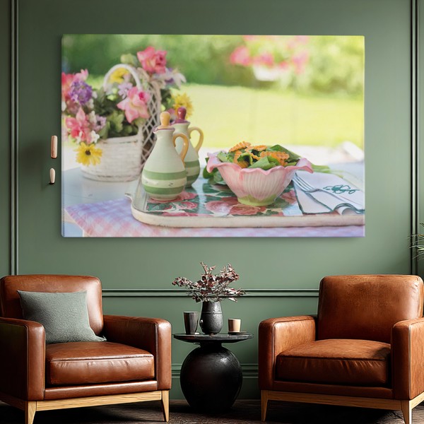 Impression sur toile Fleurs fraîches et herbes culinaires - au mur dans un intérieur