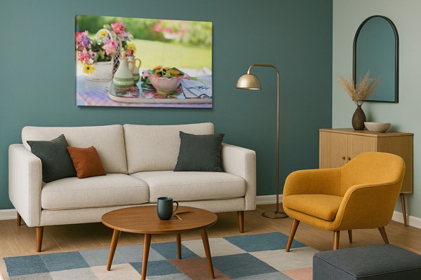 Impression sur toile Fleurs fraîches et herbes culinaires - au mur dans un intérieur