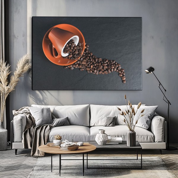 Kaffekoppscanvas med ånga - på väggen i ett rum