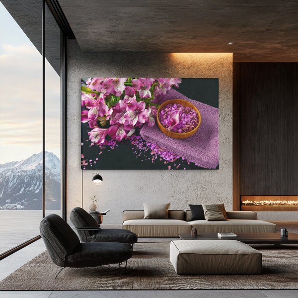 Tablou Canvas Ramură de Liliac cu Pietre Spa - pe perete într-un interior