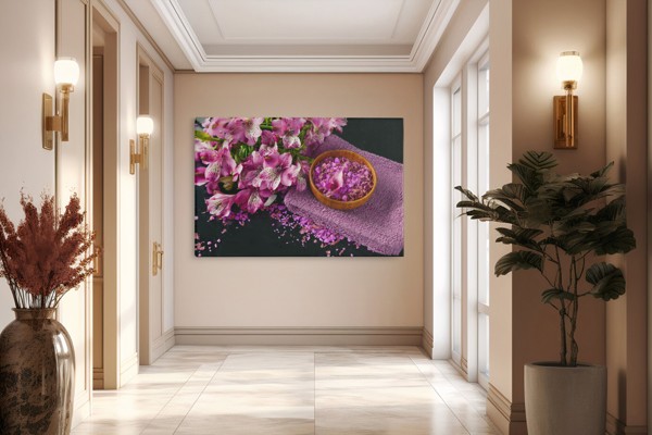 Tablou Canvas Ramură de Liliac cu Pietre Spa - pe perete într-un interior