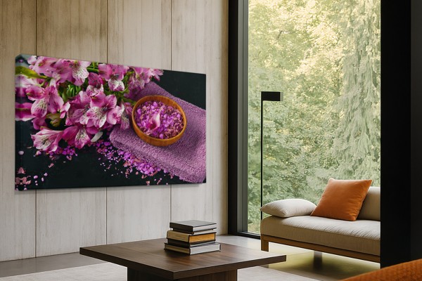 Tablou Canvas Ramură de Liliac cu Pietre Spa - pe perete într-un interior