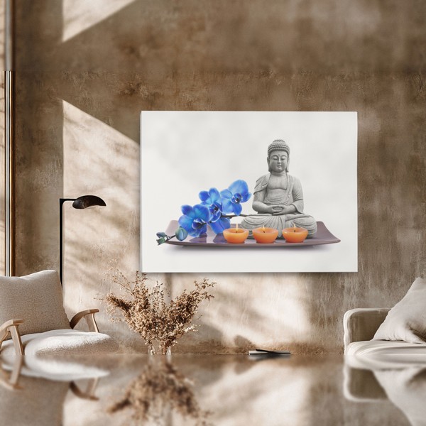 Buddha med chakrasymboler canvastryck - på väggen i ett rum