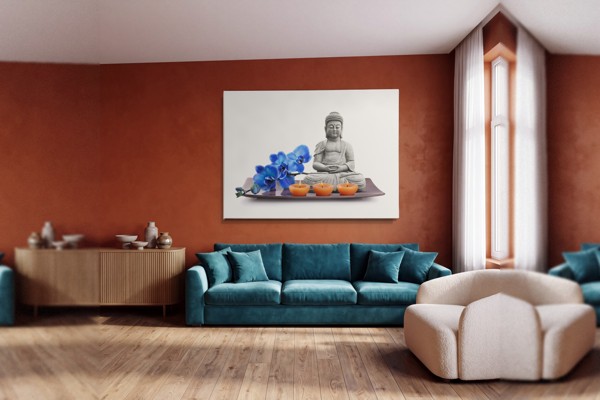 Buddha med chakrasymboler canvastryck - på väggen i ett rum