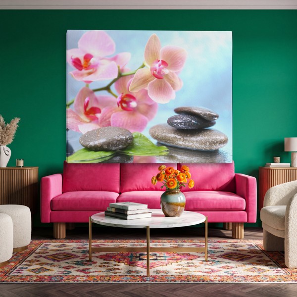 Rivier Stenen en Waterlelies Canvas Print - aan de muur in een interieur