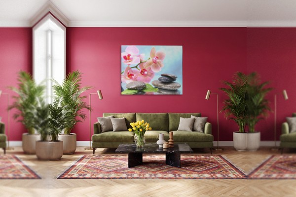 Rivier Stenen en Waterlelies Canvas Print - aan de muur in een interieur