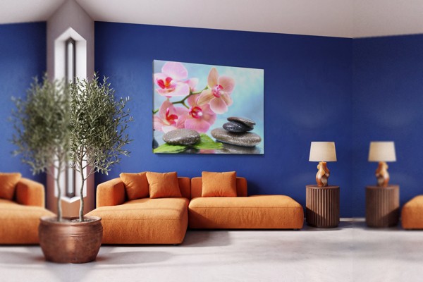 Rivier Stenen en Waterlelies Canvas Print - aan de muur in een interieur