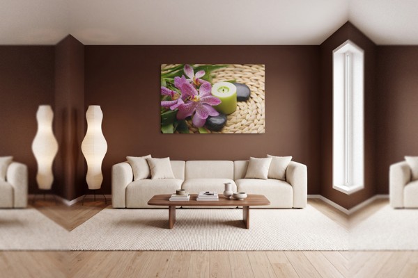 Orhideja in sveča Still Life Canvas Print - na steni v interjerju