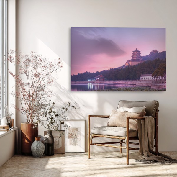 Tablou Canvas Templu Albastru la Lac cu Reflexie - pe perete într-un interior