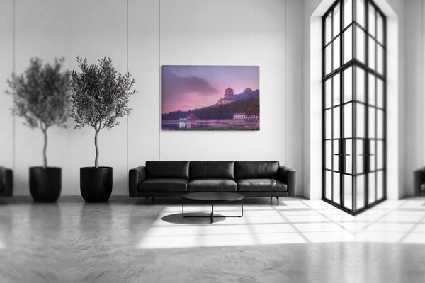 Tablou Canvas Templu Albastru la Lac cu Reflexie - pe perete într-un interior