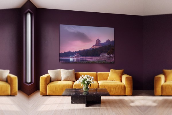 Tablou Canvas Templu Albastru la Lac cu Reflexie - pe perete într-un interior