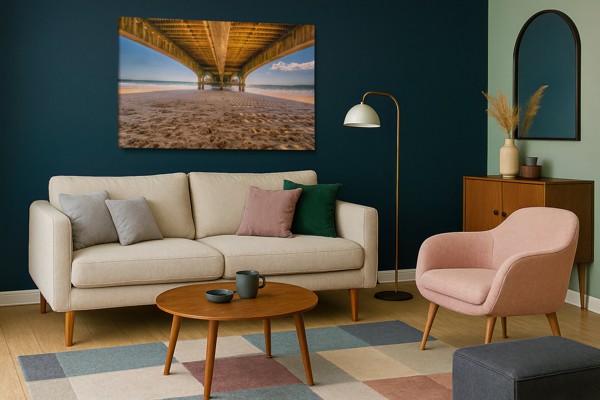 Toile Imprimée Pont de Pierre sur Eau Turquoise - au mur dans un intérieur