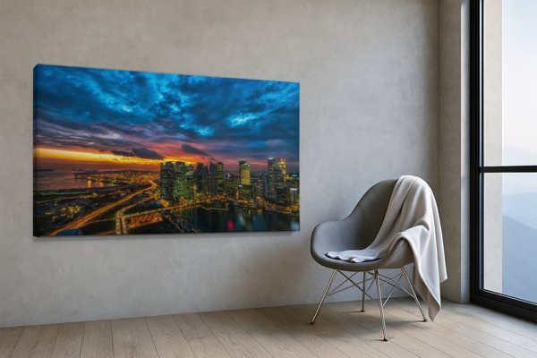 Chicago Skyline ved Skumring Lærredstryk - på væggen i et interiør