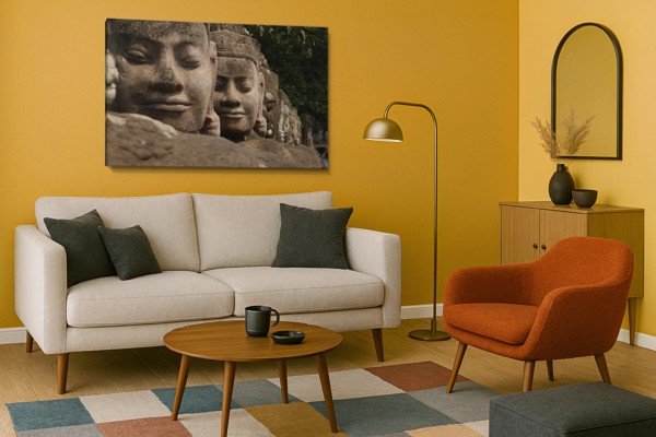 Buddha-statue med stearinlys lærredstryk - på væggen i et interiør