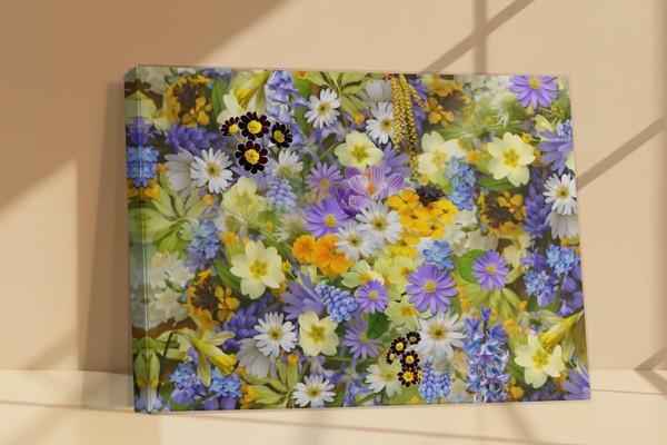 Lentebloemen Boeket Canvasprint - aan de muur in een interieur