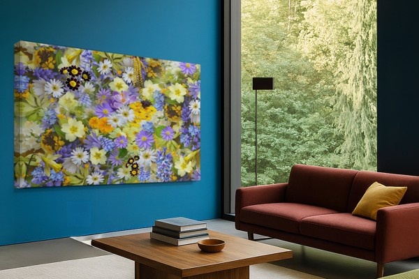 Lentebloemen Boeket Canvasprint - aan de muur in een interieur